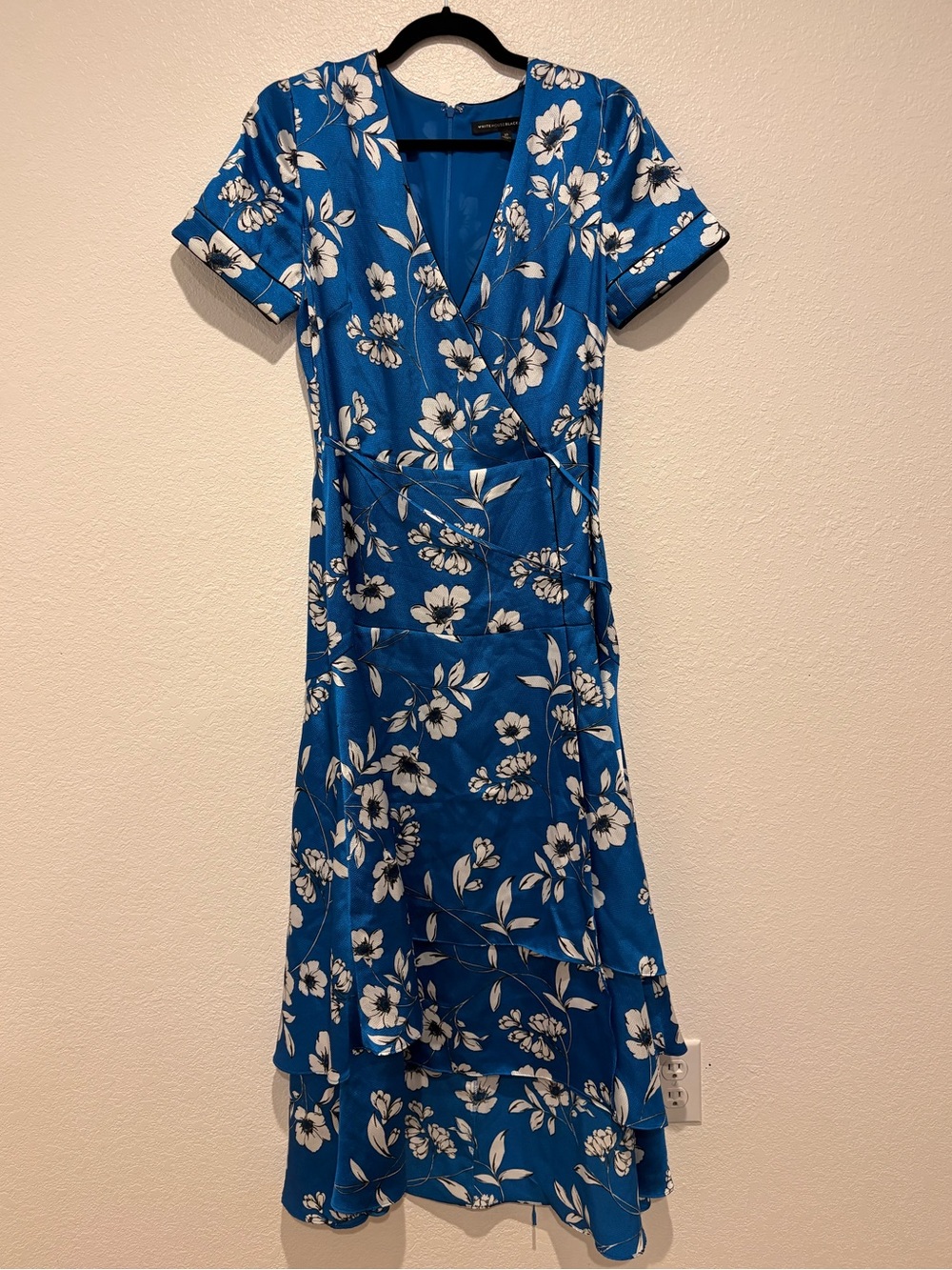 White House Black Market Blue Floral Faux Wrap Ruffle Midi Dress Size 10